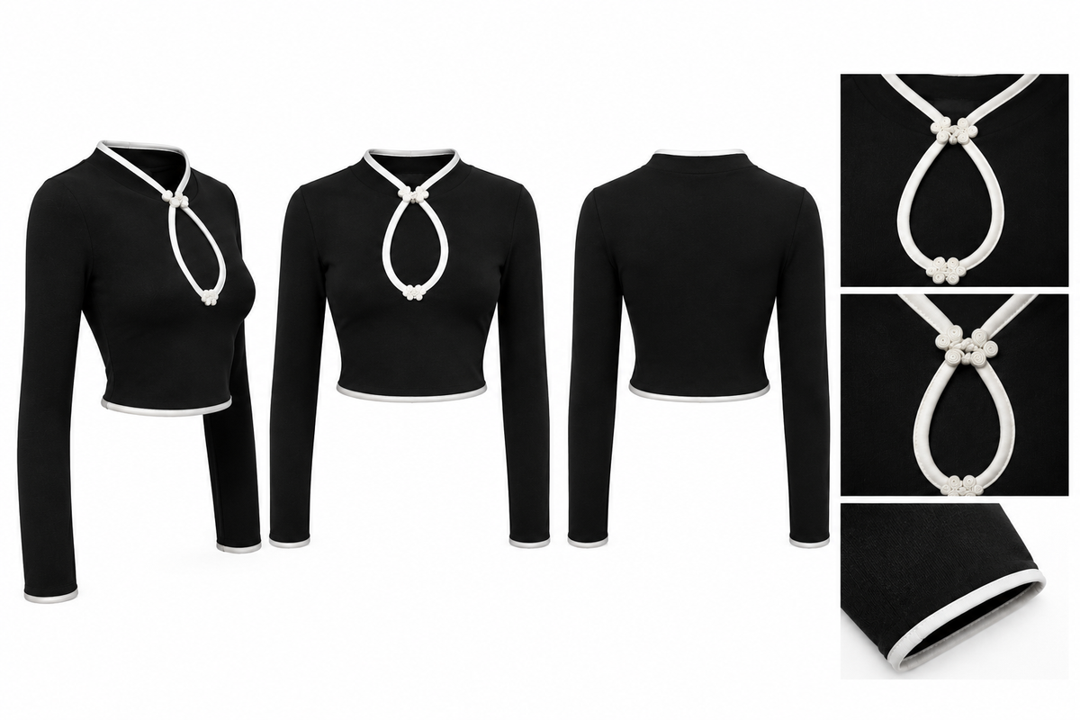Siyah Uzun Kollu Crop Bluz – Beyaz Biyeli, Damla Dekolteli