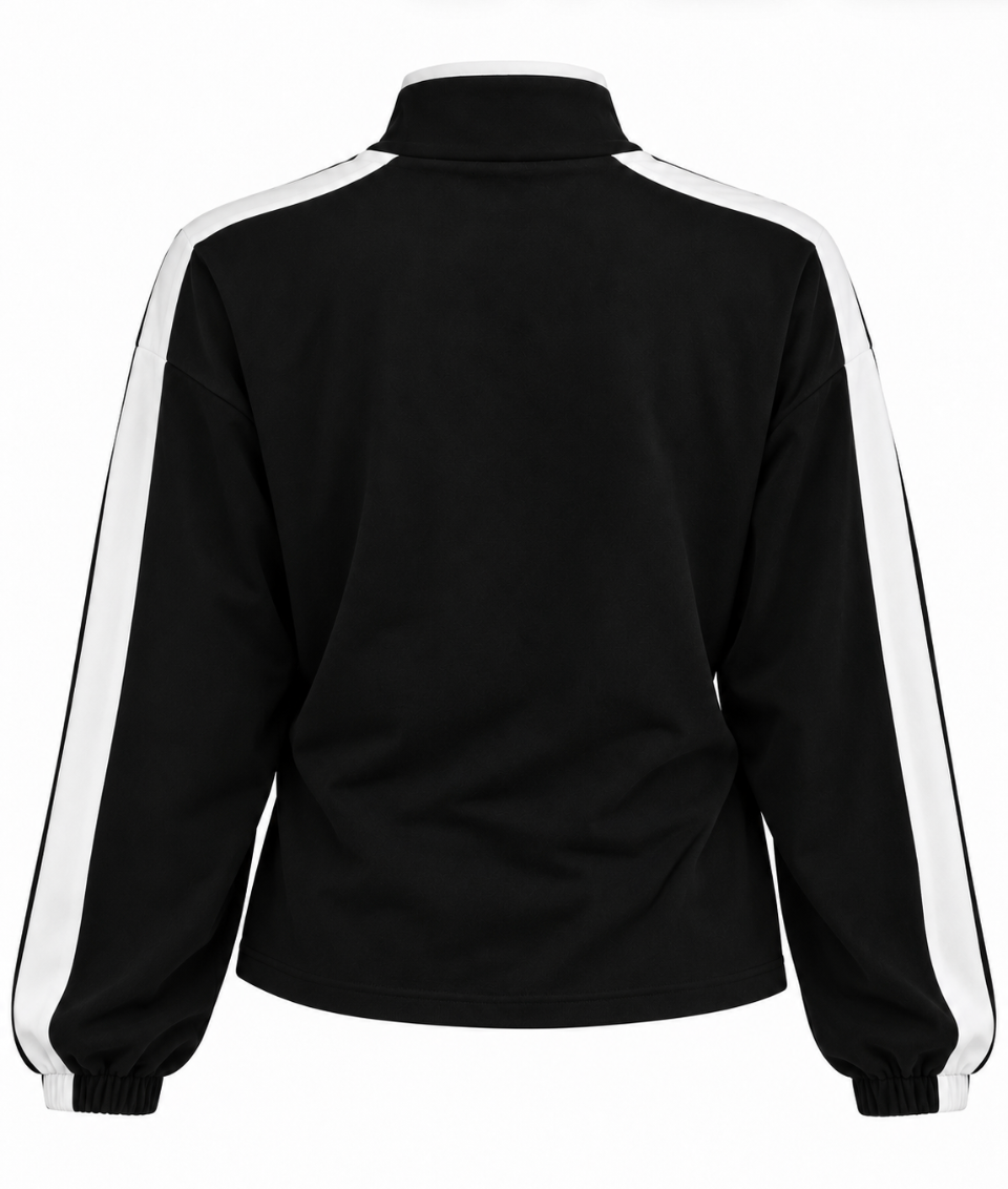 Kadın Siyah Beyaz Şeritli Dik Yaka Çin Düğme Detaylı Sweatshirt